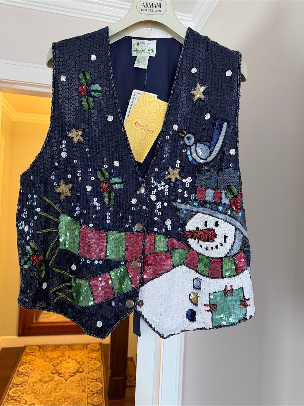 Quacker Factory Navy Sequin Snowman Vest with Multicolor Accents size L